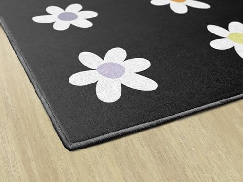 Flagship Carpets Daisies on Black Criss-Cross Applesauce Educational Area Rug for Kids Room, Children's Classroom, Play Carpet for Teaching and Playroom, 7'6" x 12', Seats 32|B0CHTF6164