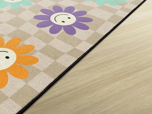 Flagship Carpets Groovy Flowers on Checkers Classroom Seating Rug – Kids Preschool, Daycare & School, Educational Colorful Sitting Carpet for Circle Time & Group Seating, Made in USA - 7'6" x 12'|B0GV23QSGC