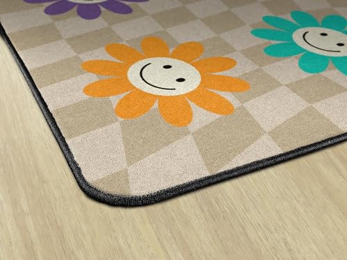 Flagship Carpets Groovy Flowers on Checkers Classroom Seating Rug – Kids Preschool, Daycare & School, Educational Colorful Sitting Carpet for Circle Time & Group Seating, Made in USA - 7'6" x 12'|B0GV23QSGC