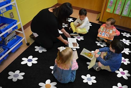 Flagship Carpets Daisies on Black Criss-Cross Applesauce Educational Area Rug for Kids Room, Children's Classroom, Play Carpet for Teaching and Playroom, 7'6" x 12', Seats 32|B0CHTF6164