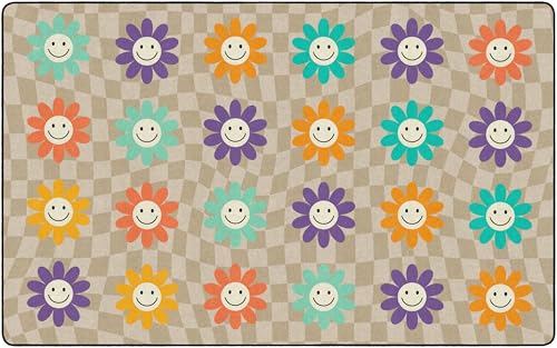 Flagship Carpets Groovy Flowers on Checkers Classroom Seating Rug – Kids Preschool, Daycare & School, Educational Colorful Sitting Carpet for Circle Time & Group Seating, Made in USA - 7'6" x 12'|B0GV23QSGC