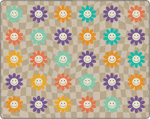 Flagship Carpets Groovy Flowers on Checkers Classroom Seating Rug – Kids Preschool, Daycare & School, Educational Colorful Sitting Carpet for Circle Time & Group Seating, Made in USA - 7'6" x 12'|B0GV23QSGC