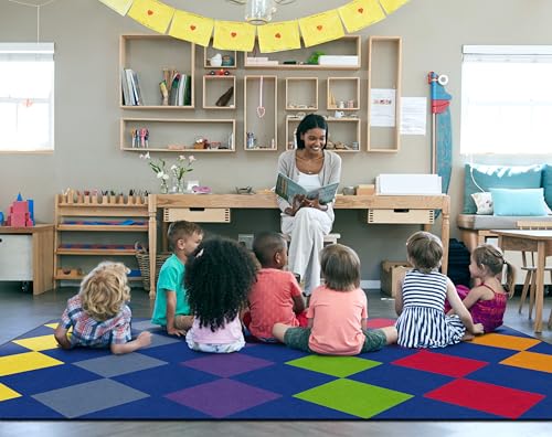Flagship Carpets Diamond Seating Classroom Educational Area Rug for Kids and Teachers, Durable Quality for Schools, Preschool, Daycare, Learning Centers, and Home, 7'6" x 12' - Multicolor|B0FD41NR39