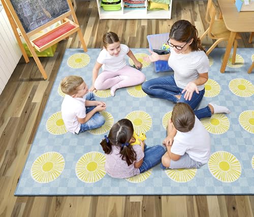 Flagship Carpets Peppy Suns Criss-Cross Applesauce Educational Area Rug for Kids Room, Children's Classroom, Play Carpet for Teaching and Playroom, 7'6" x 12', Blue, Seats 32|B0CHT5LX6L