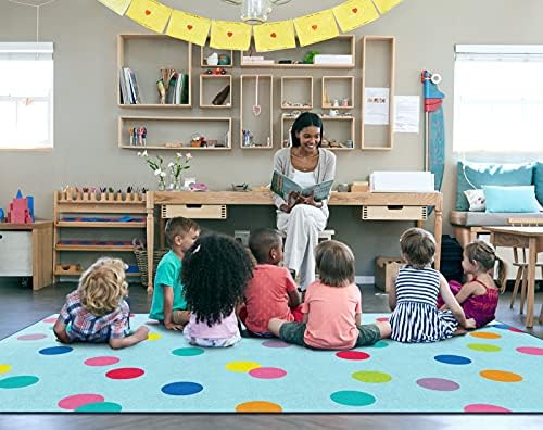 Flagship Carpets Just Teach Rainbow Polka Dots Classroom Area Rug for Indoor Classroom Learning or Kid Bedroom Educational Play Mat, 7'6"x12', Blue|B099CCP78P