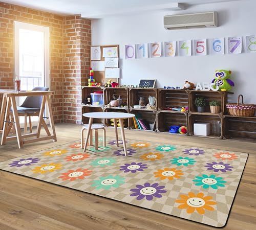 Flagship Carpets Groovy Flowers on Checkers Classroom Seating Rug – Kids Preschool, Daycare & School, Educational Colorful Sitting Carpet for Circle Time & Group Seating, Made in USA - 7'6" x 12'|B0GV23QSGC