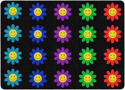 Flagship Carpets Groovy Flowers on Checkers Classroom Seating Rug – Kids Preschool, Daycare & School, Educational Colorful Sitting Carpet for Circle Time & Group Seating, Made in USA - 7'6" x 12'|B0GV23QSGC