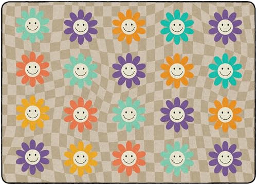 Flagship Carpets Groovy Flowers on Checkers Classroom Seating Rug – Kids Preschool, Daycare & School, Educational Colorful Sitting Carpet for Circle Time & Group Seating, Made in USA - 7'6" x 12'|B0GV23QSGC