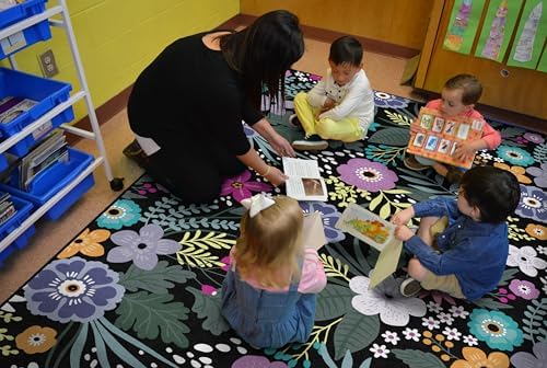 Flagship Carpets Wildflower Educational Area Rug for Kids Room Seating Décor, Children's Classroom, Play Carpet for Teaching and Playroom, 7'6" x 12', Black & Multi|B0CHTKYV2S