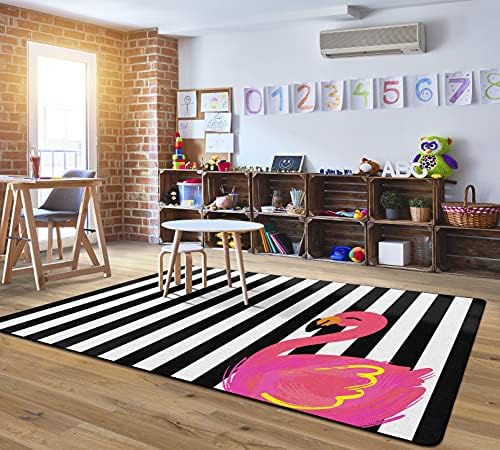 Flagship Carpets Simply Stylish Tropical Black and White Stripes Flamingo Classroom Area Rug for Indoor Classroom Learning or Kid Bedroom Educational Play Mat, 7'6"x12'|B099D1FBG1