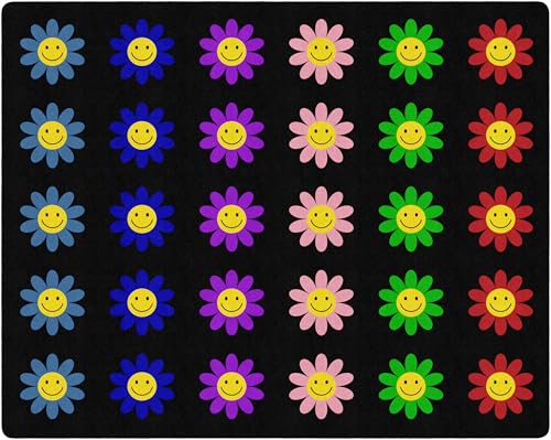 Flagship Carpets Groovy Flowers on Checkers Classroom Seating Rug – Kids Preschool, Daycare & School, Educational Colorful Sitting Carpet for Circle Time & Group Seating, Made in USA - 7'6" x 12'|B0GV23QSGC