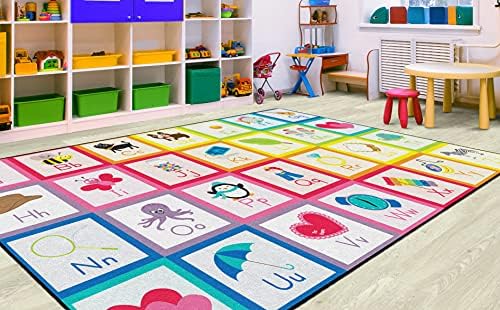 Flagship Carpets Rainbow Alphabet Criss Cross Applesauce Solid Classroom Area Rug for Indoor Classroom Learning or Kid Bedroom Educational Play Mat, 7'6"x12', Multi|B099CMC1LD