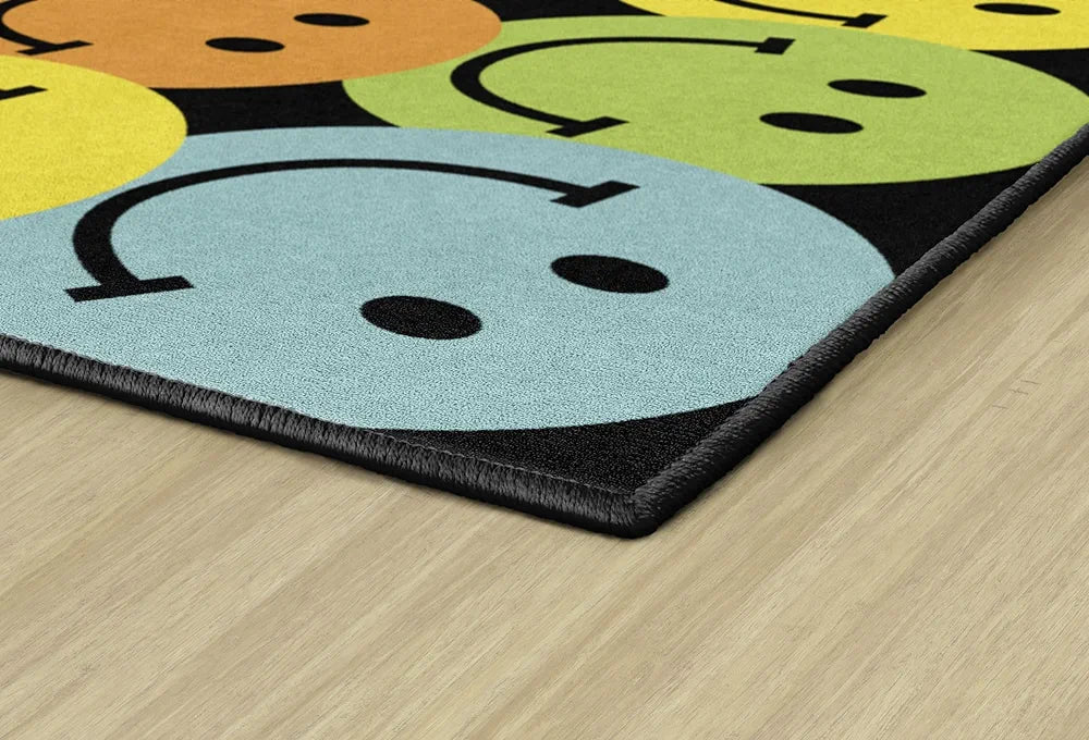 Flagship Carpets Big Rainbow Smiley Faces Educational Area Rug for Kids Room Seating Décor, Children's Classroom, Play Carpet for Teaching and Playroom, 5' x 7'6", Black & Multi