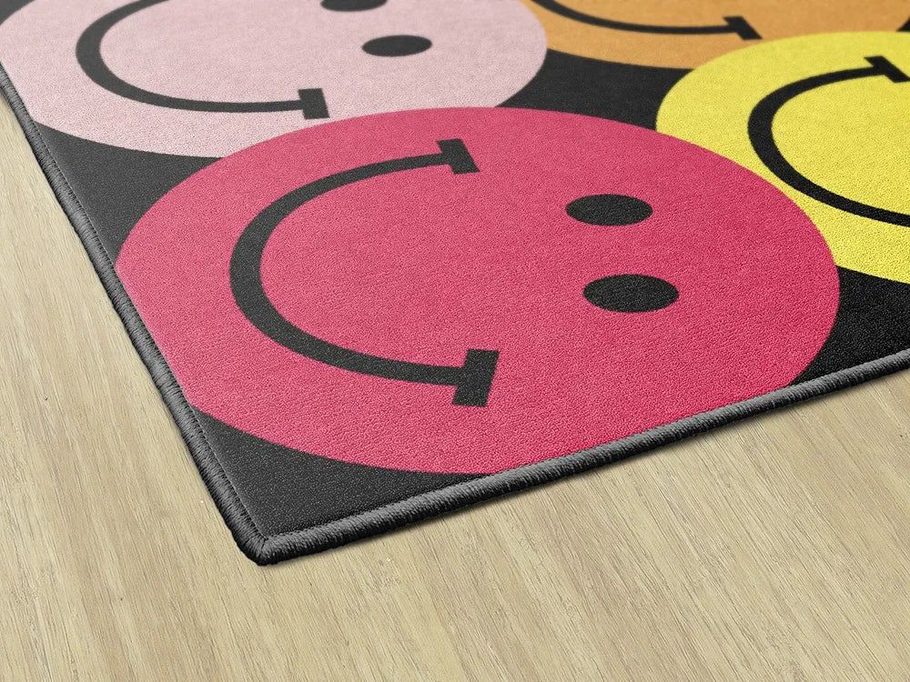 Flagship Carpets Big Rainbow Smiley Faces Educational Area Rug for Kids Room Seating Décor, Children's Classroom, Play Carpet for Teaching and Playroom, 5' x 7'6", Black & Multi