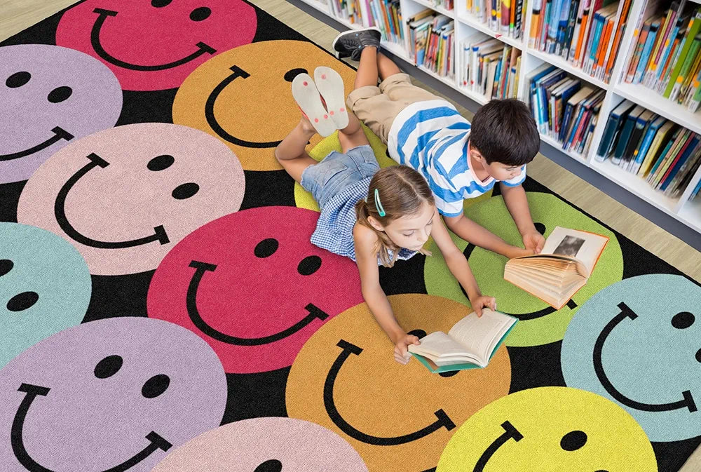 Flagship Carpets Big Rainbow Smiley Faces Educational Area Rug for Kids Room Seating Décor, Children's Classroom, Play Carpet for Teaching and Playroom, 5' x 7'6", Black & Multi