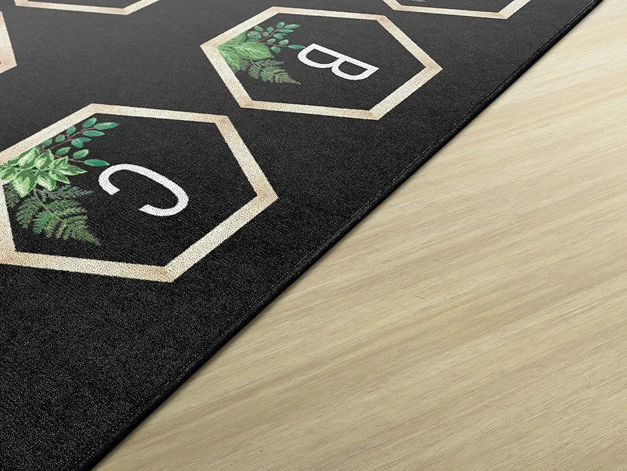 Flagship Carpets Simply Boho Abc's Criss Cross Applesauce Classroom Area Rug for Indoor Classroom Learning or Kid Bedroom Educational Play Mat, 7'6"x12', Black